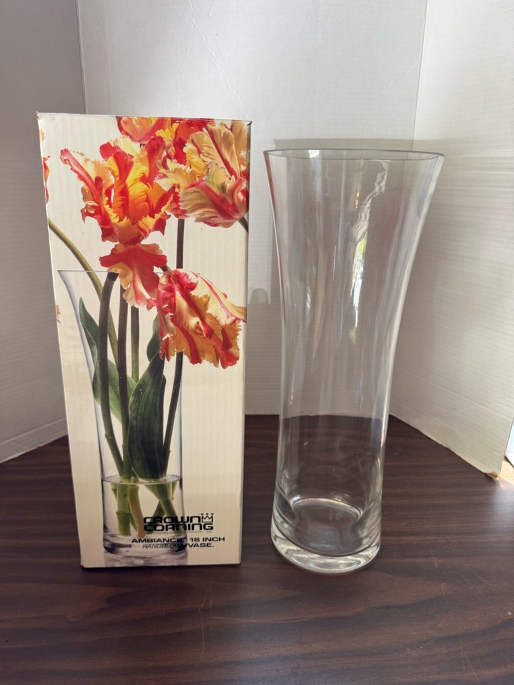 Crown Corning Clear Hand Blown Vase 16” w/Fluted Rim Hand Blown In Australian